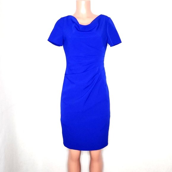 Adrianna Papell Dresses & Skirts - Adrianna Papell Blue Sheath Dress Side Pleats Draped Neckline Short Sleeves